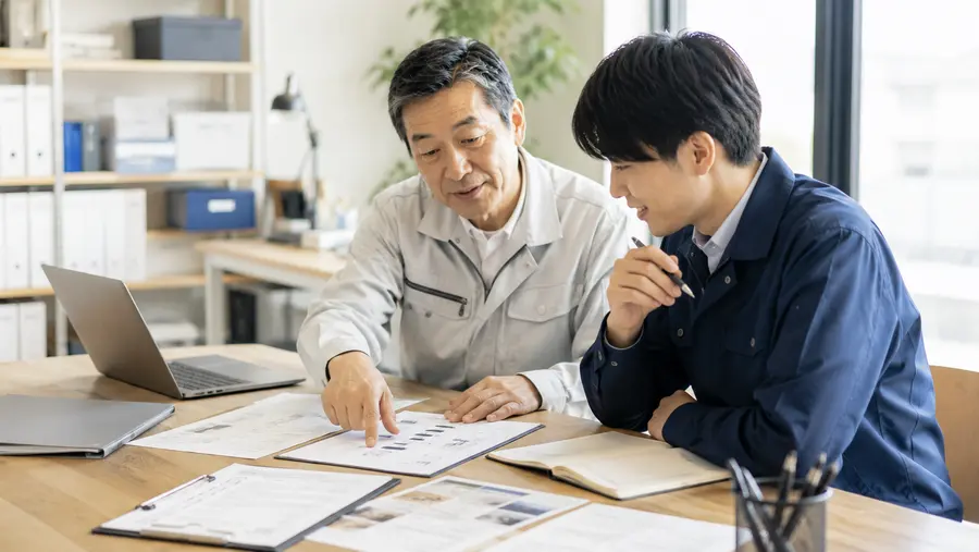 ベテラン社員が若いスタッフに資料を見せながら業務を説明している様子